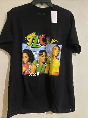 TLC Black Tee with White Logo and Multicolor Stripes